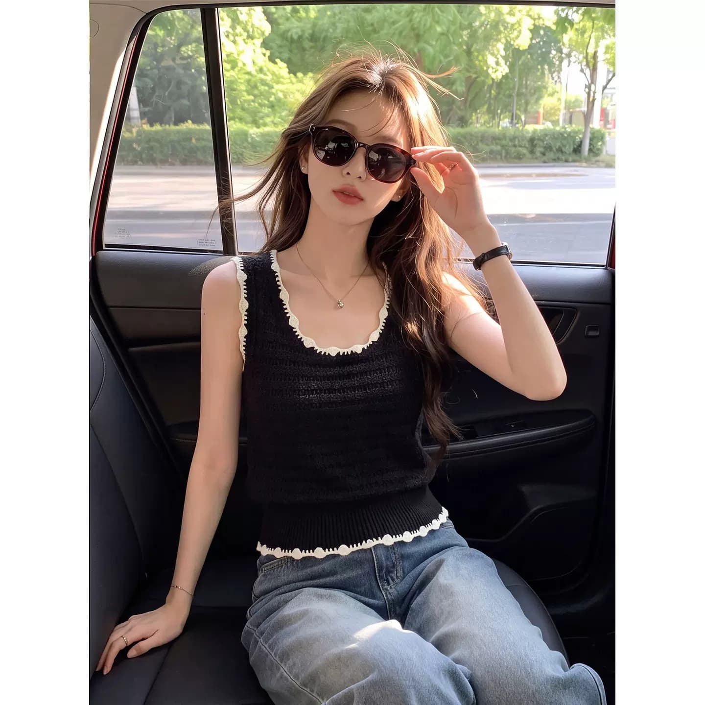 黑色撞色蕾丝花边针织背心女夏季U领波浪边肌理修身短款无袖上衣 5