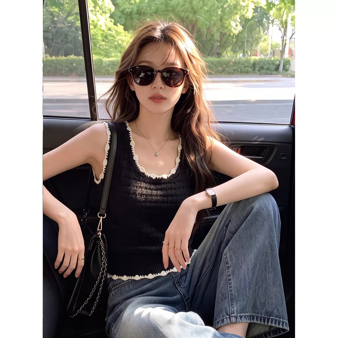 黑色撞色蕾丝花边针织背心女夏季U领波浪边肌理修身短款无袖上衣 3