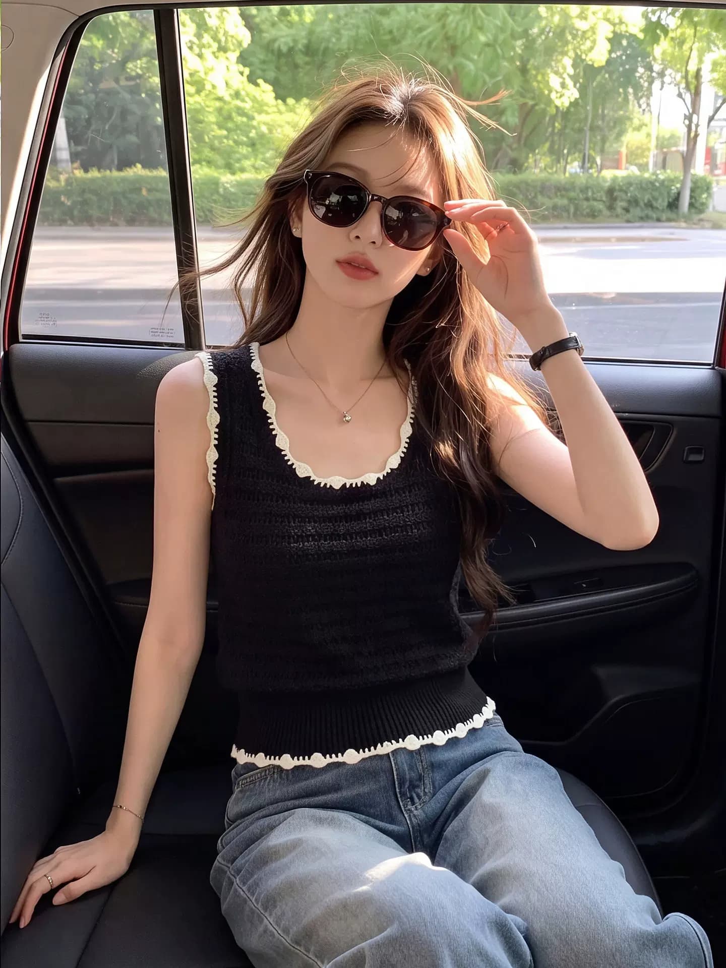 黑色撞色蕾丝花边针织背心女夏季U领波浪边肌理修身短款无袖上衣 9