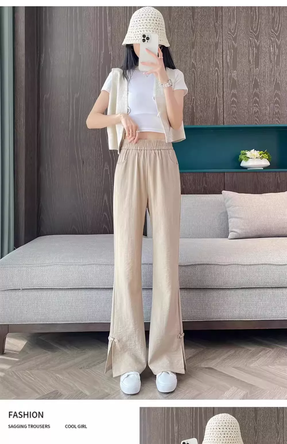 新中式棉麻开叉微喇裤女夏季薄款2026新款冰丝亚麻国风喇叭裤子女 19
