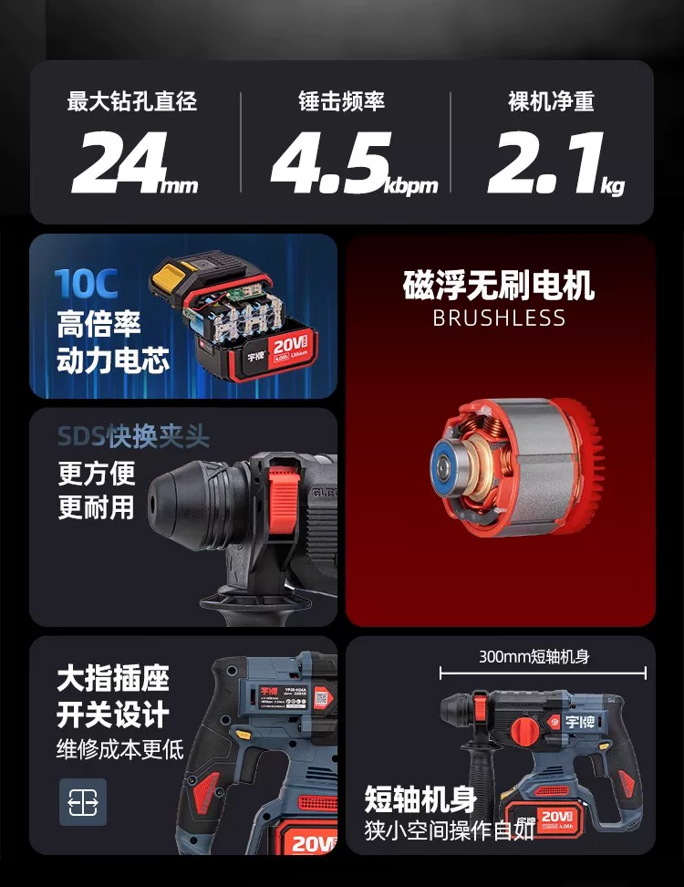 宇牌湃电锤轻型无刷锂电冲击钻多功能大功率无线镐冲击钻电动工具 3
