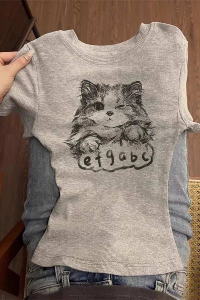 美式复古灰色正肩圆领短袖t恤女夏季甜辣妹风修身显瘦百搭上衣女 5