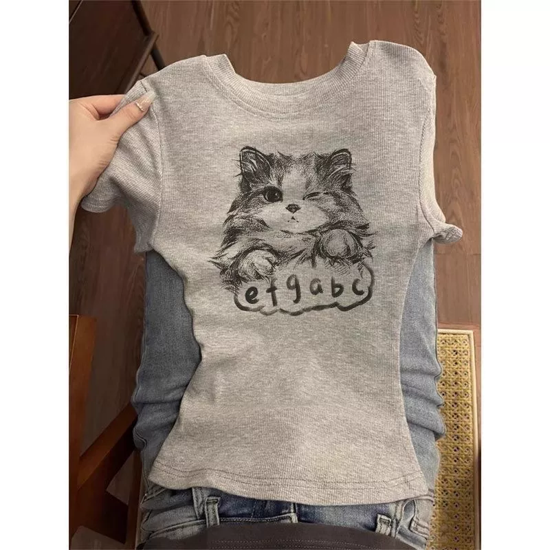 美式复古灰色正肩圆领短袖t恤女夏季甜辣妹风修身显瘦百搭上衣女 4
