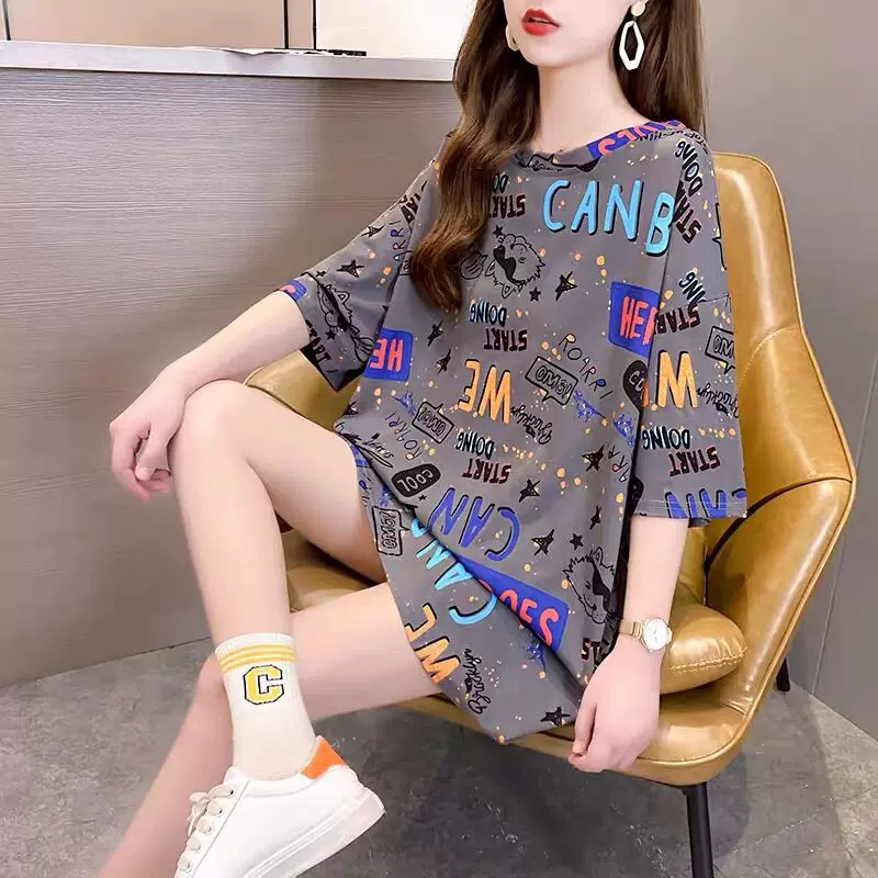 2026新款夏季大码t恤女短袖大码女装显瘦中长款宽松韩版印花上衣 3
