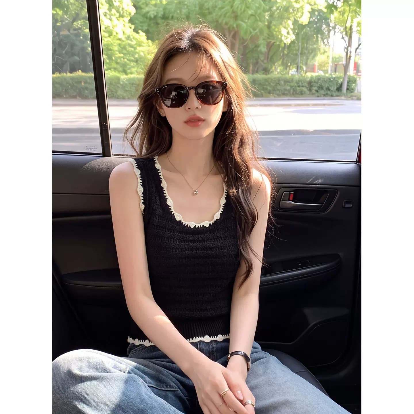 黑色撞色蕾丝花边针织背心女夏季U领波浪边肌理修身短款无袖上衣 4