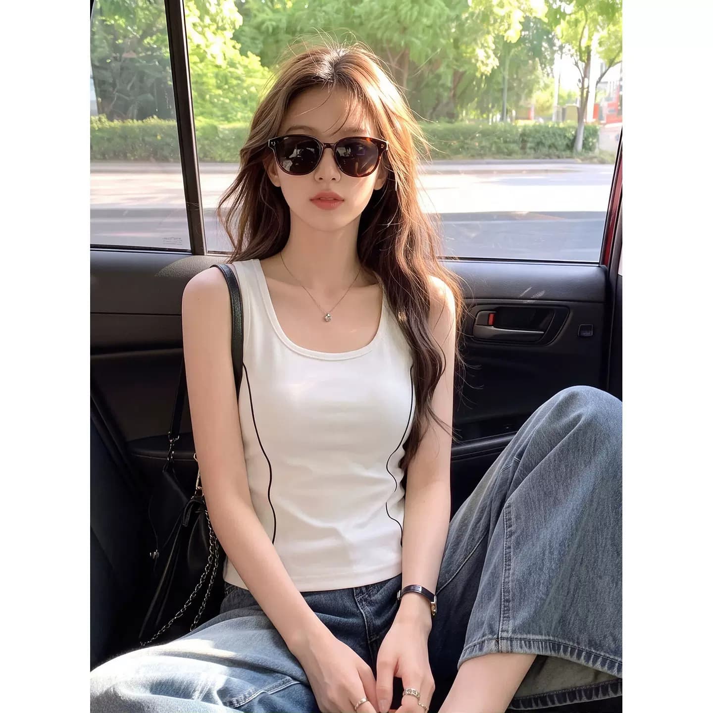 美式辣妹风明线U领工字背心女夏季弹力修身短款无袖外穿吊带上衣 2