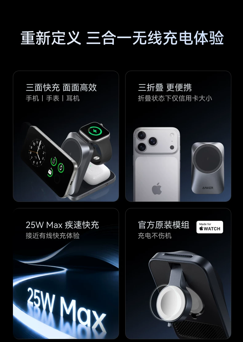 【旗舰新品】Anker Prime安克25W无线充三折叠风冷磁吸充电器快充苹果17 Apple Watch充电器三合一无线充底座 2