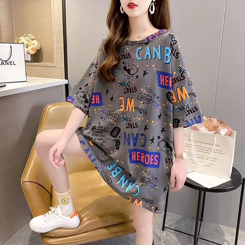 2026新款夏季大码t恤女短袖大码女装显瘦中长款宽松韩版印花上衣 5