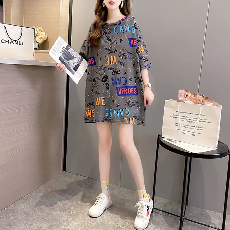 2026新款夏季大码t恤女短袖大码女装显瘦中长款宽松韩版印花上衣 6