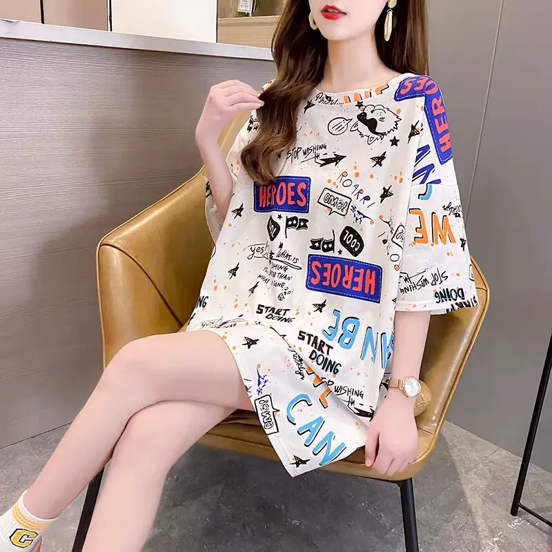 2026新款夏季大码t恤女短袖大码女装显瘦中长款宽松韩版印花上衣 9