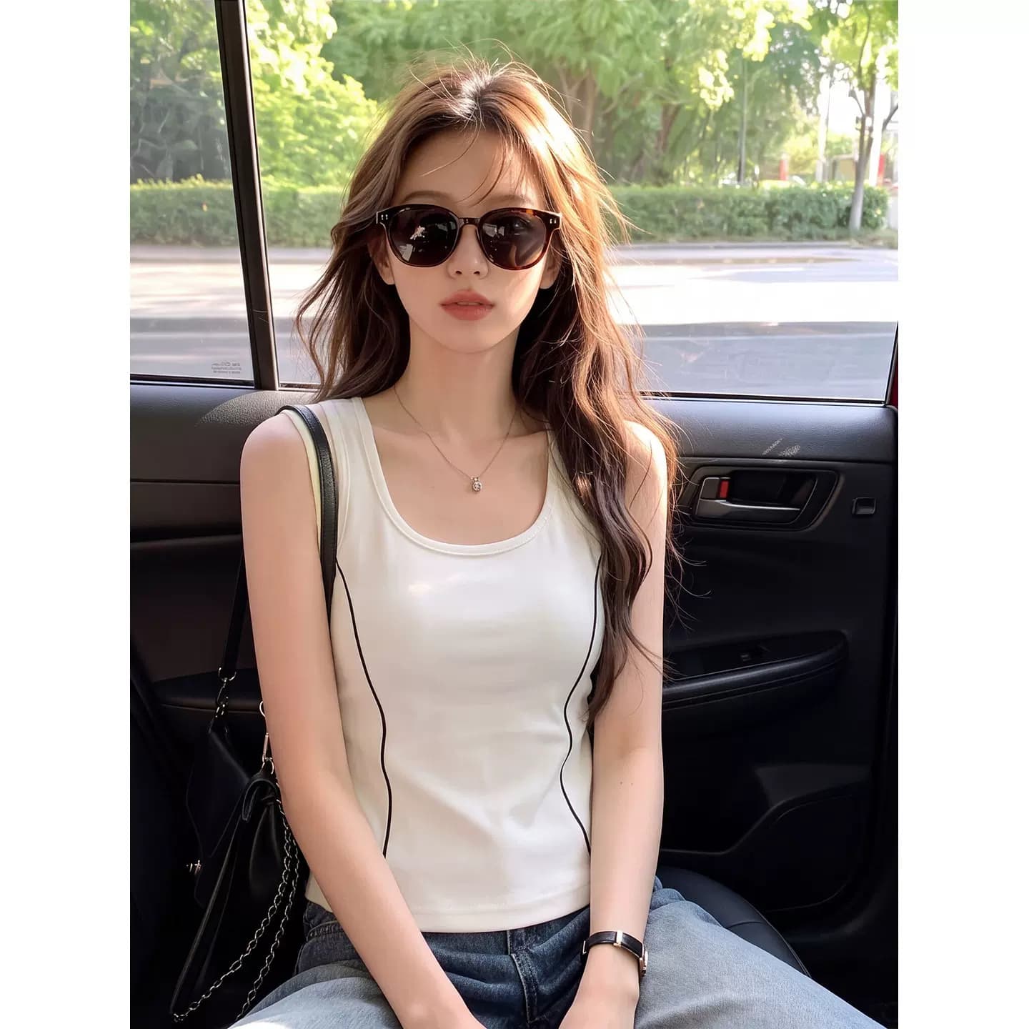 美式辣妹风明线U领工字背心女夏季弹力修身短款无袖外穿吊带上衣 4