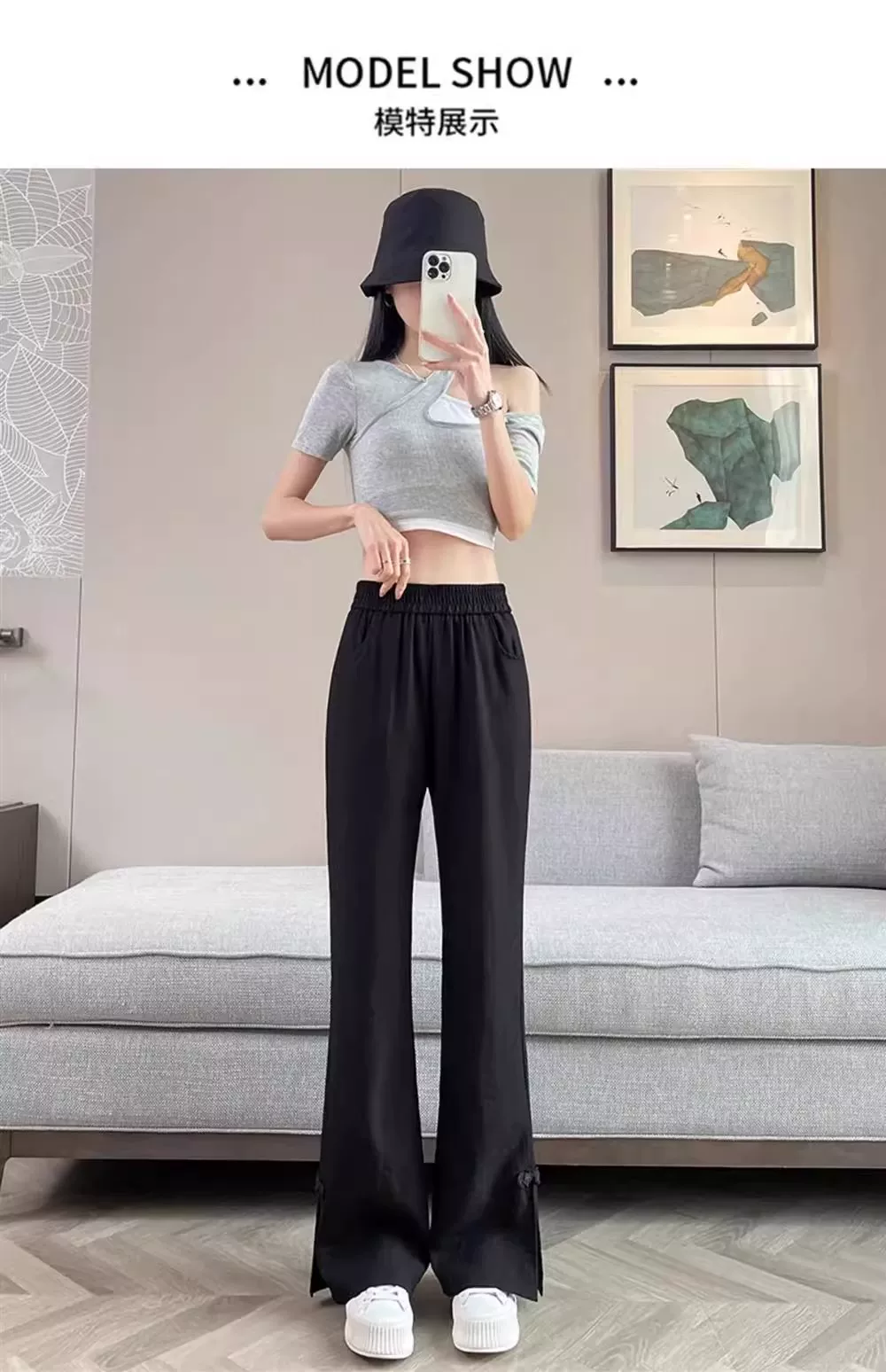 新中式棉麻开叉微喇裤女夏季薄款2026新款冰丝亚麻国风喇叭裤子女 13