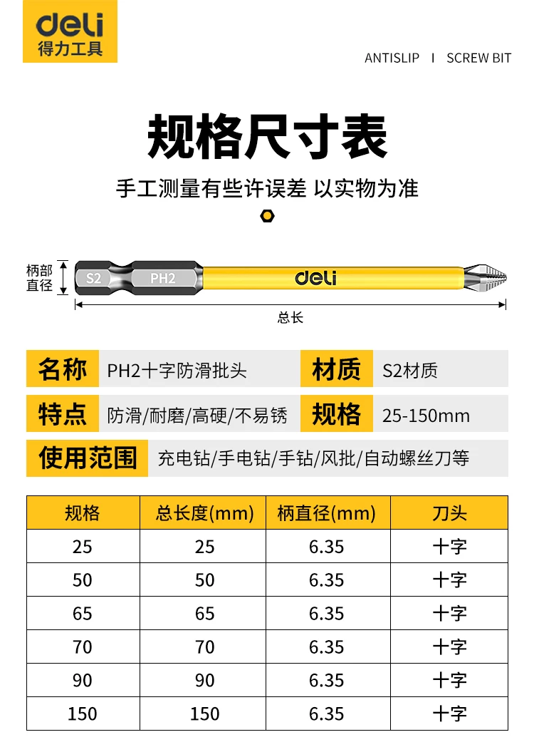 得力防滑十字强磁防滑批头高硬度手电钻钨钢电动螺丝刀工具套装 12