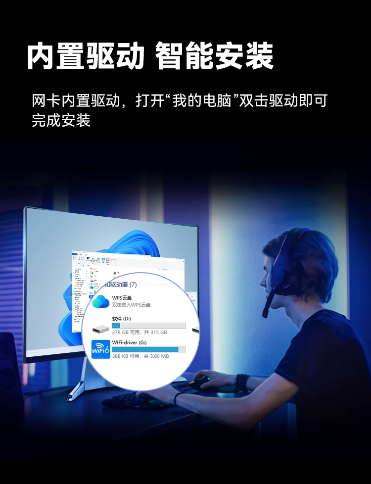 速胜者四天线wifi接收器免驱动千兆无线网卡台式电脑5G双频抗干扰笔记本外置usb热点发射器wifi6蓝牙二合一 36