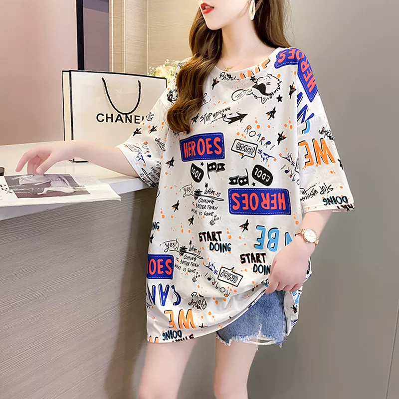 2026新款夏季大码t恤女短袖大码女装显瘦中长款宽松韩版印花上衣 10