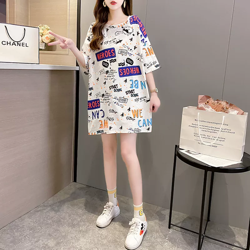 2026新款夏季大码t恤女短袖大码女装显瘦中长款宽松韩版印花上衣 12
