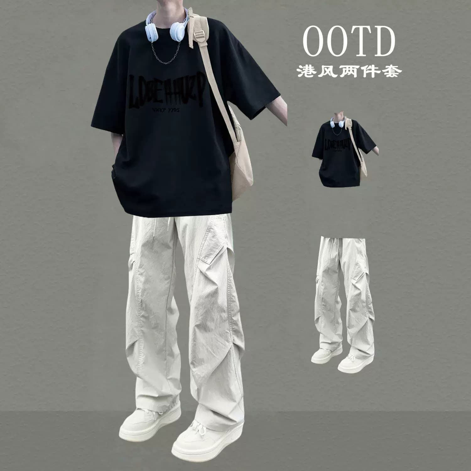 帅气夏季男装宽松两件套青少年休闲运动套装学生短袖T恤长裤一套 13