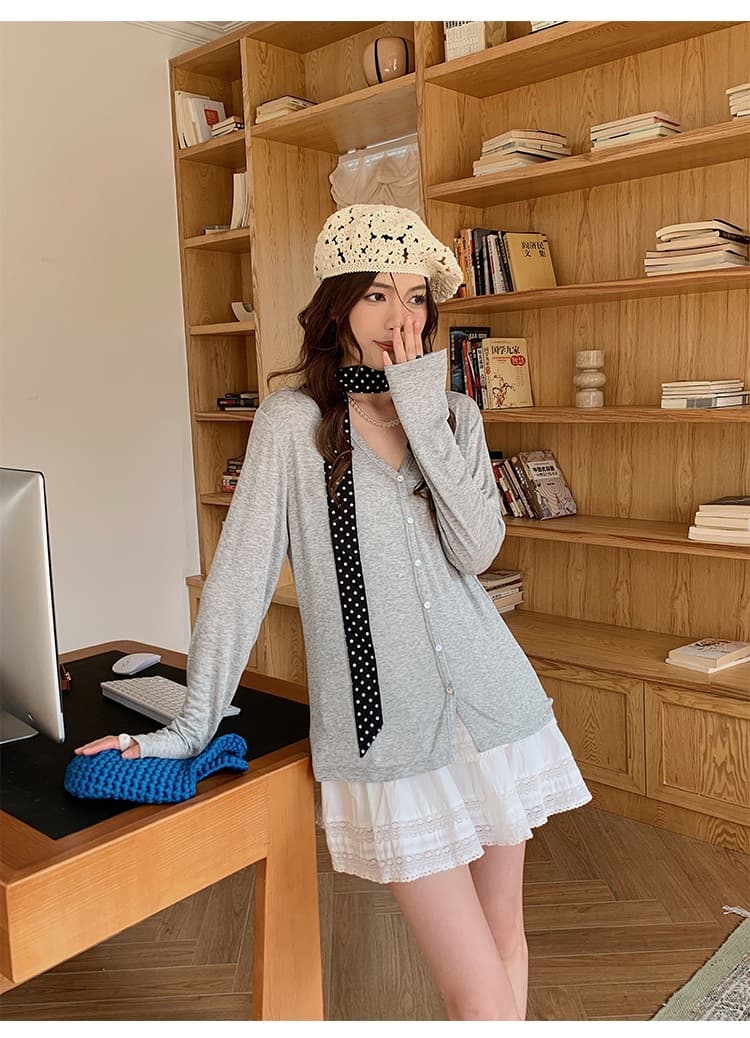 安婷露 蚕丝羊毛针织开衫女春夏V领薄款空调罩衫外搭条纹防晒上衣 17