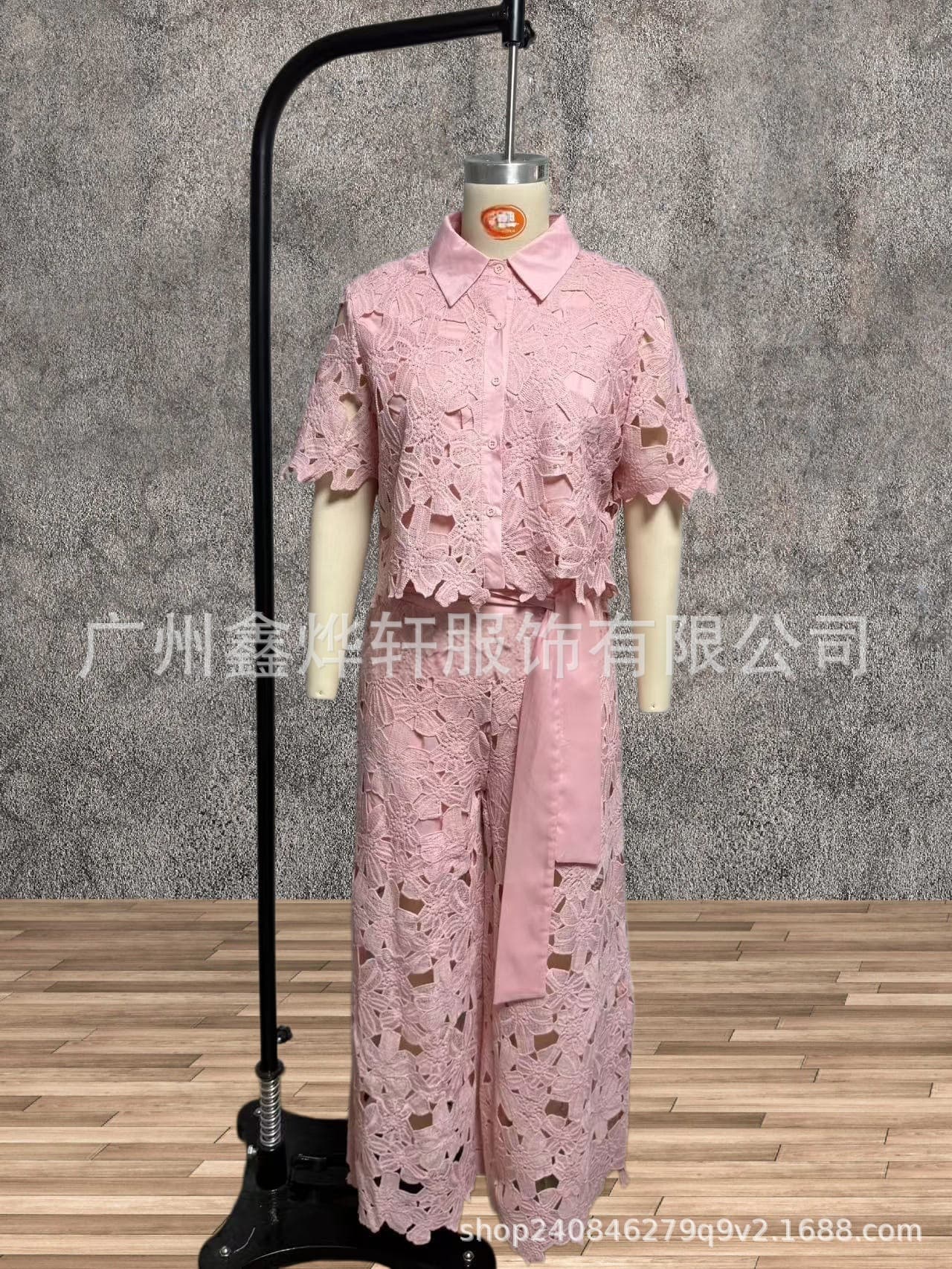 2026夏季新款亚马逊跨境欧美纯色性感镂空开衫上衣阔腿裤两件套女 9