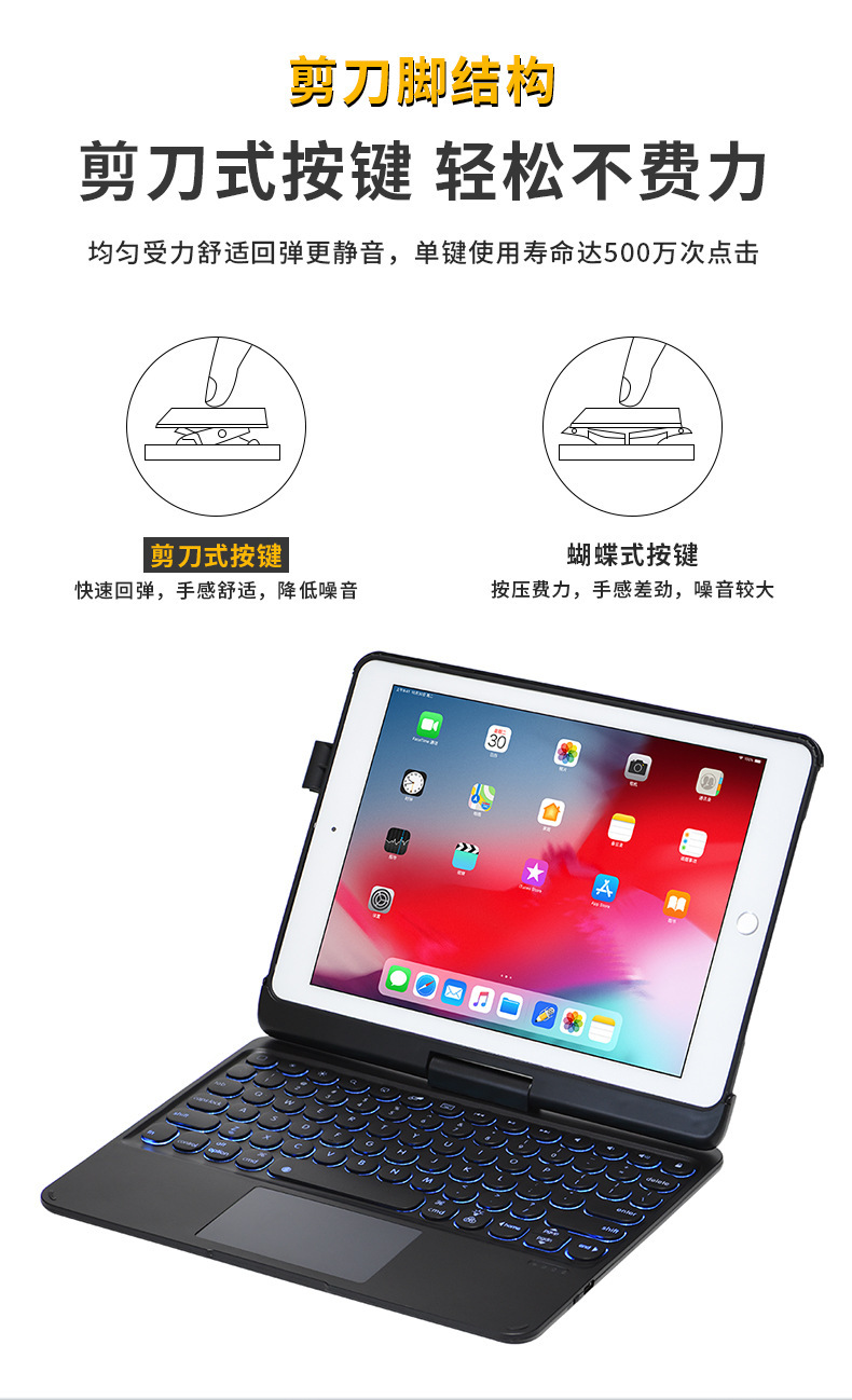 360度旋转妙控键盘 适用iPad平板带笔槽触摸板圆帽键厂批直销 8