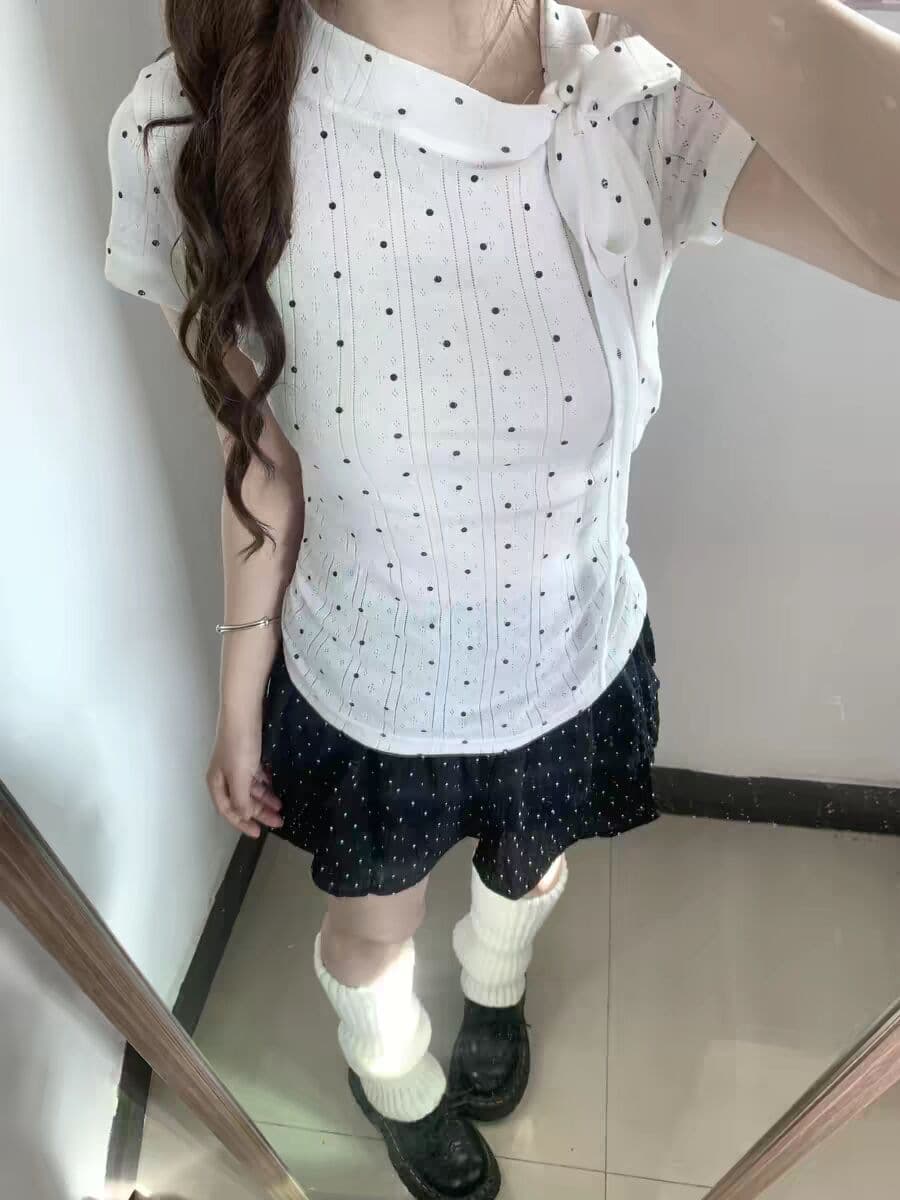 波点短袖t恤女夏季正肩修身显瘦蝴蝶结绑带辣妹上衣洋气百搭气质 2