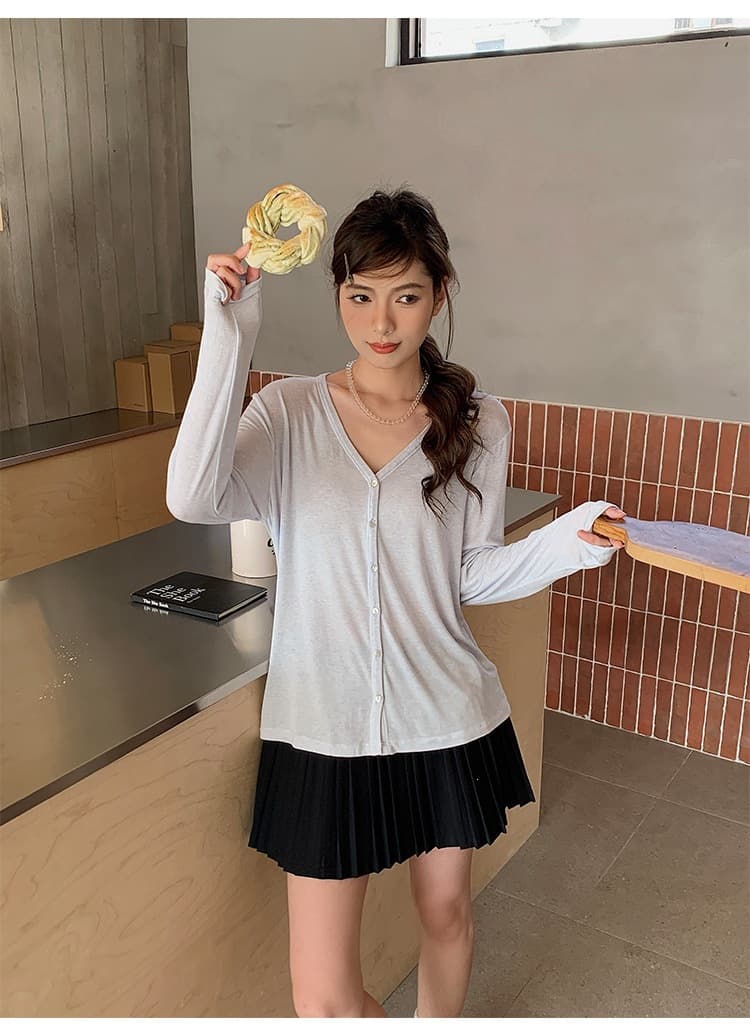安婷露 蚕丝羊毛针织开衫女春夏V领薄款空调罩衫外搭条纹防晒上衣 21