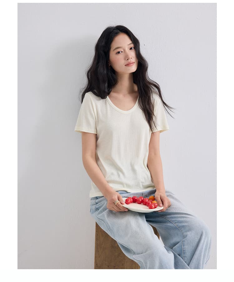 天丝醋酸U领短袖2026春夏新款亚麻显瘦T恤基础款百搭凉感上衣女 32