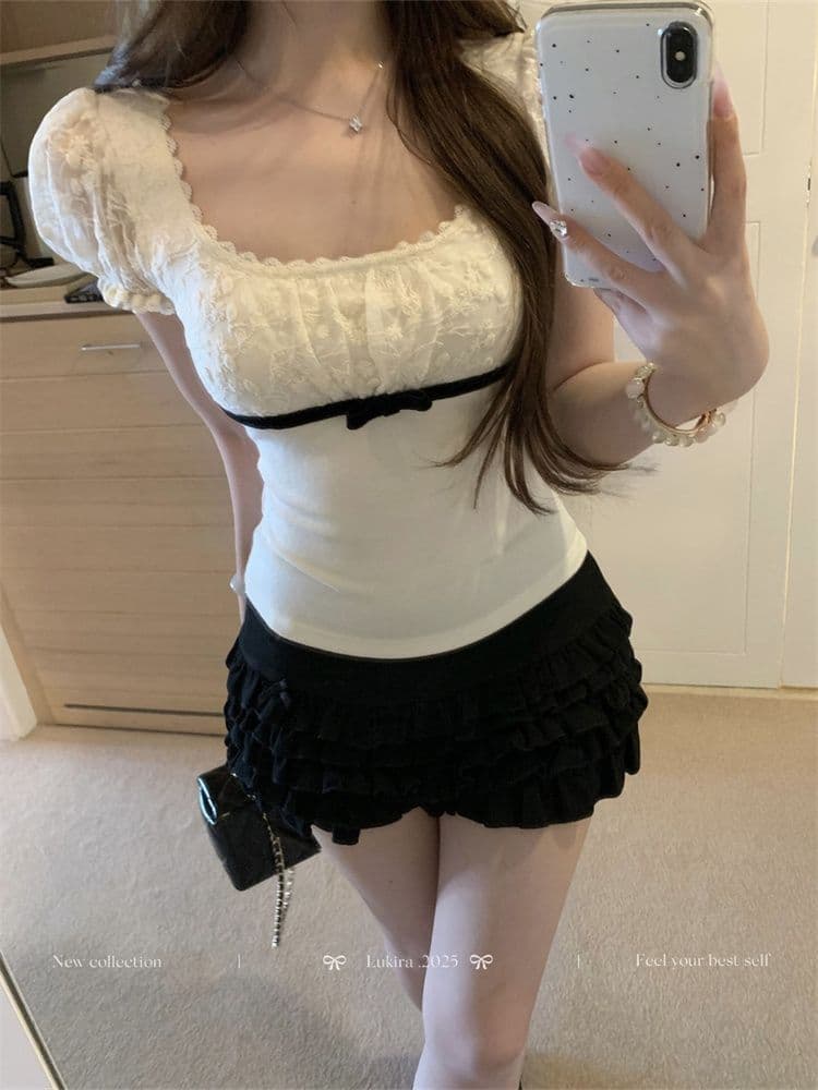 简漫妮 法式蕾丝泡泡袖短袖t恤女士夏季辣妹纯欲修身显瘦方领上衣 3