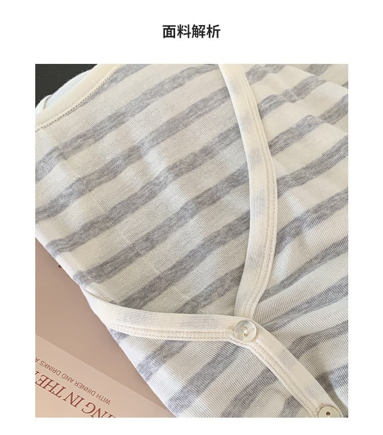 安婷露 蚕丝羊毛针织开衫女春夏V领薄款空调罩衫外搭条纹防晒上衣 6