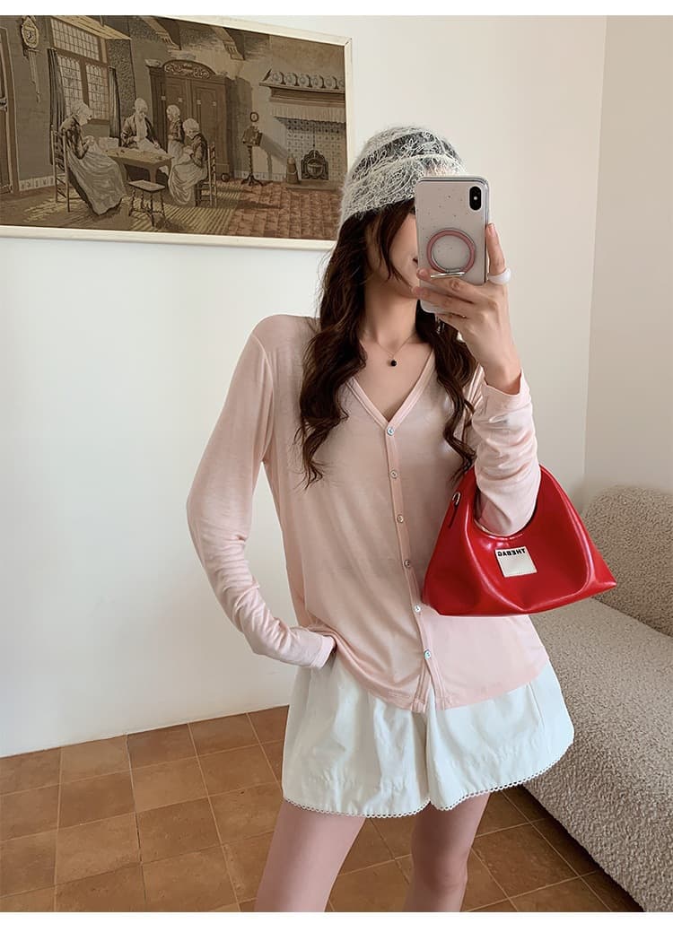 高质量*蚕丝羊毛针织开衫女春夏V领薄款空调罩衫外搭条纹防晒上衣 26