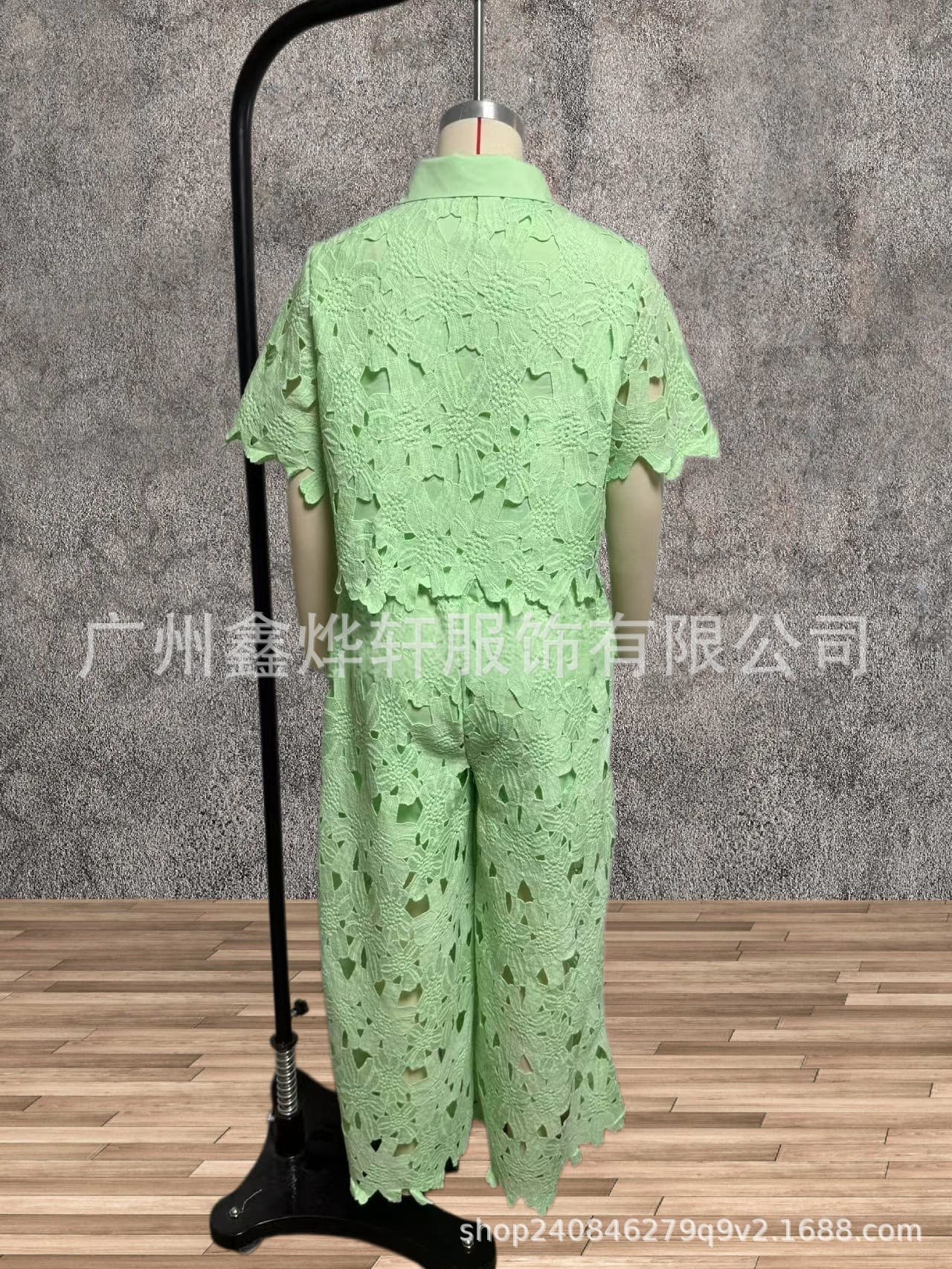 2026夏季新款亚马逊跨境欧美纯色性感镂空开衫上衣阔腿裤两件套女 14