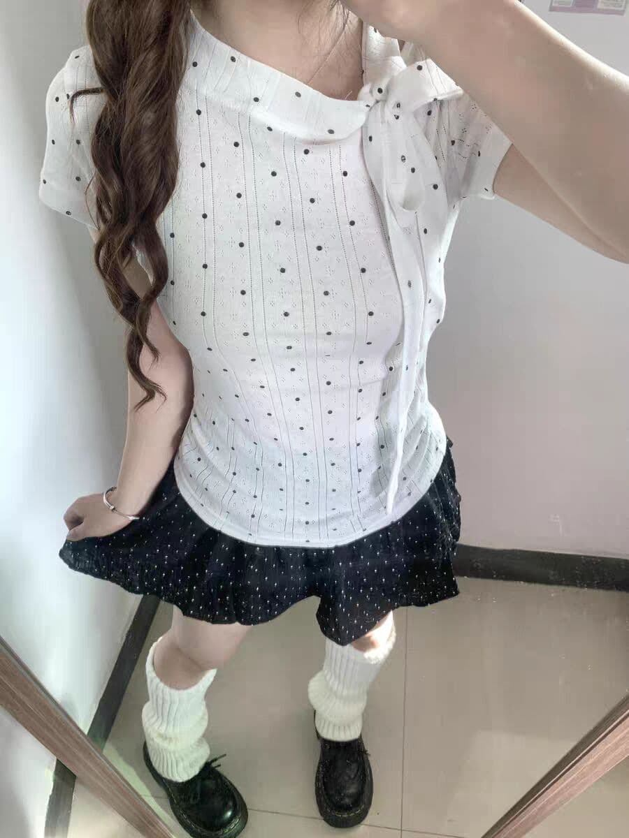 波点短袖t恤女夏季正肩修身显瘦蝴蝶结绑带辣妹上衣洋气百搭气质 4
