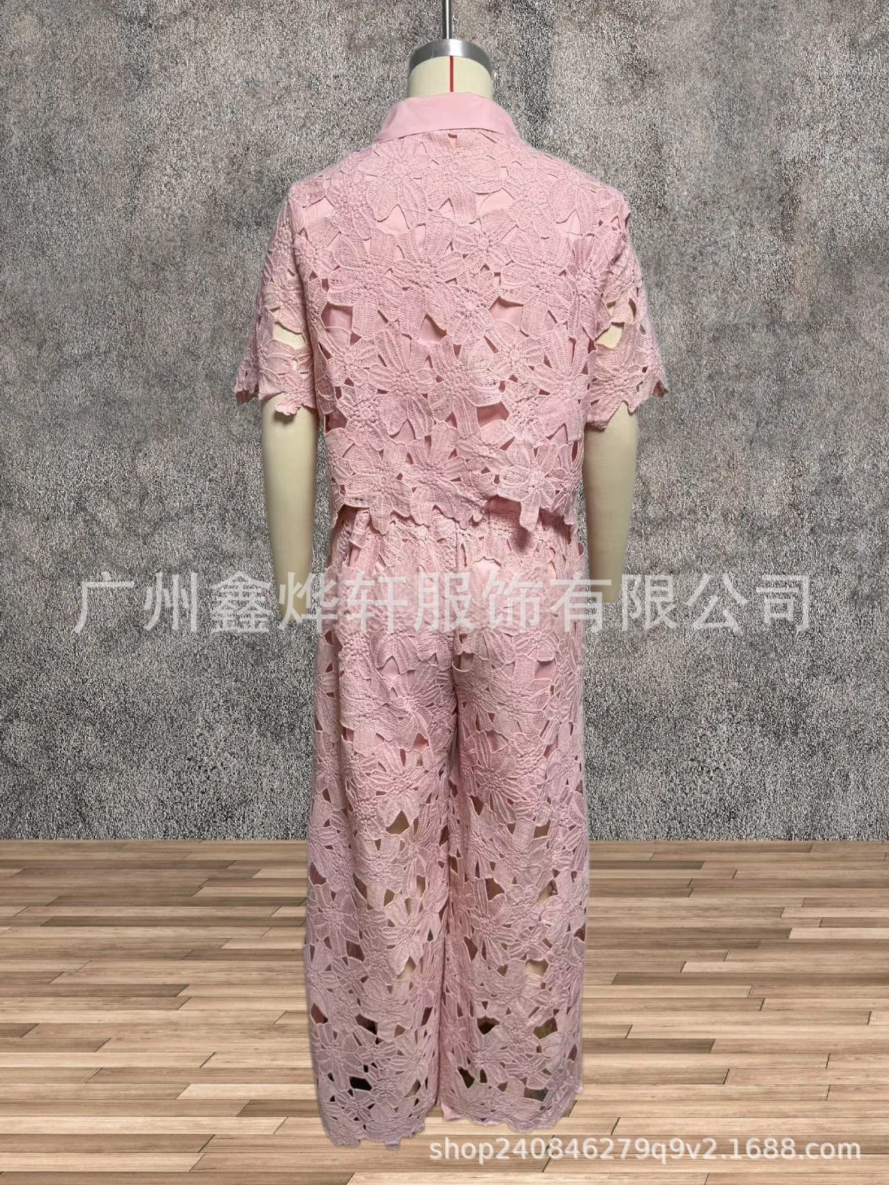 2026夏季新款亚马逊跨境欧美纯色性感镂空开衫上衣阔腿裤两件套女 11
