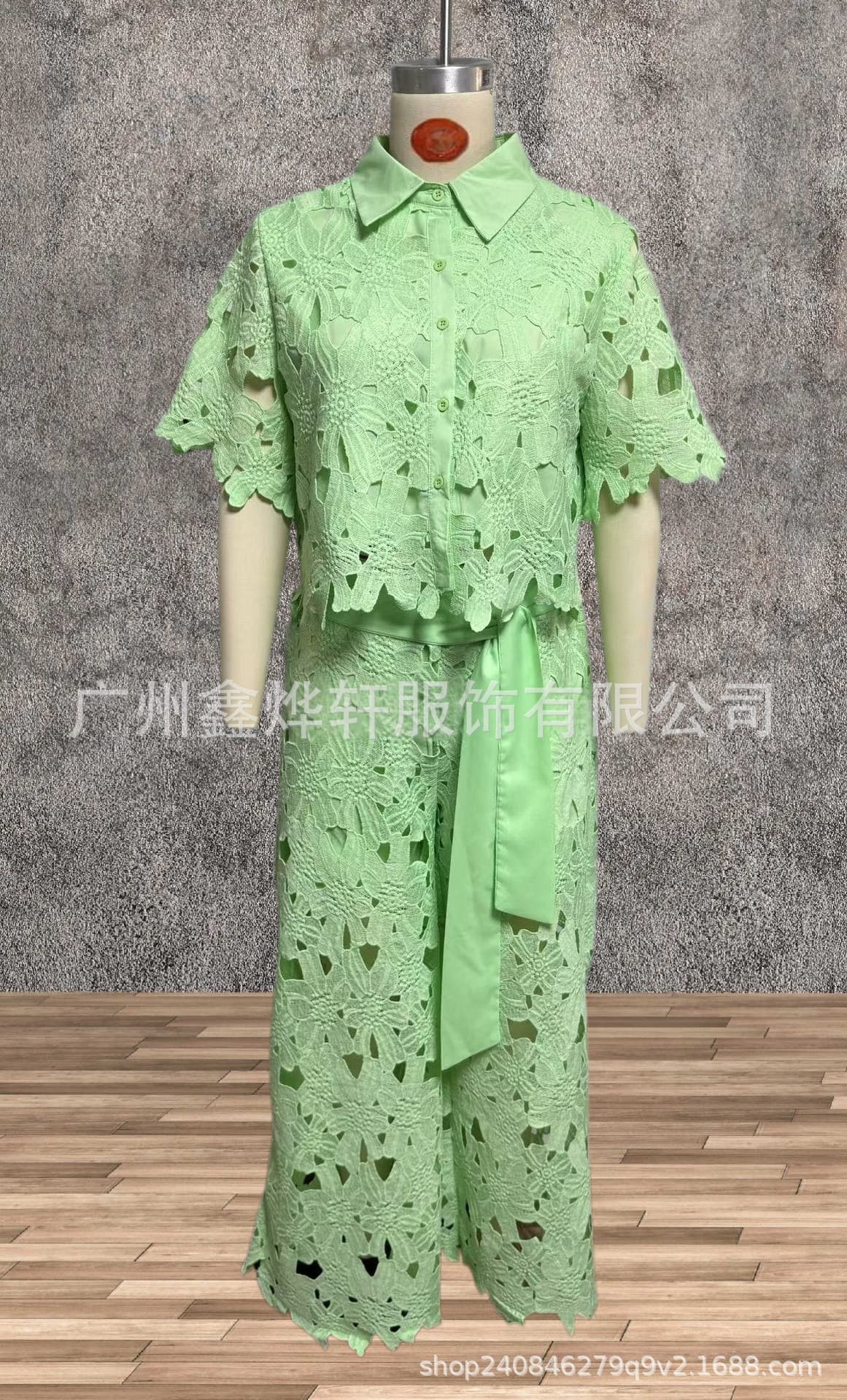 2026夏季新款亚马逊跨境欧美纯色性感镂空开衫上衣阔腿裤两件套女 12