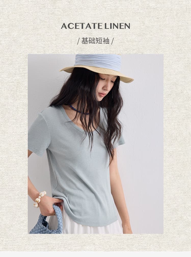天丝醋酸U领短袖2026春夏新款亚麻显瘦T恤基础款百搭凉感上衣女 4
