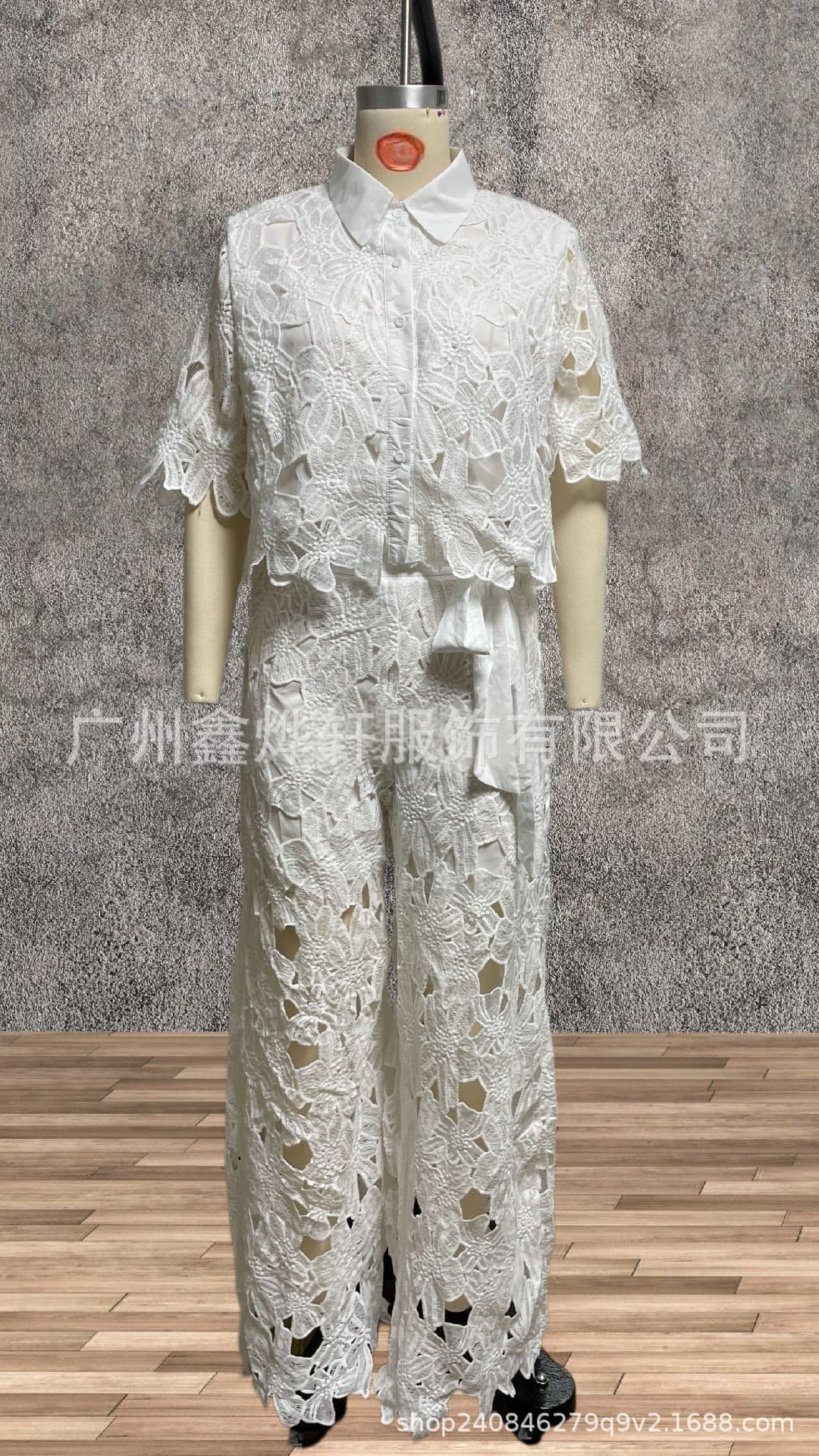 2026夏季新款亚马逊跨境欧美纯色性感镂空开衫上衣阔腿裤两件套女 6