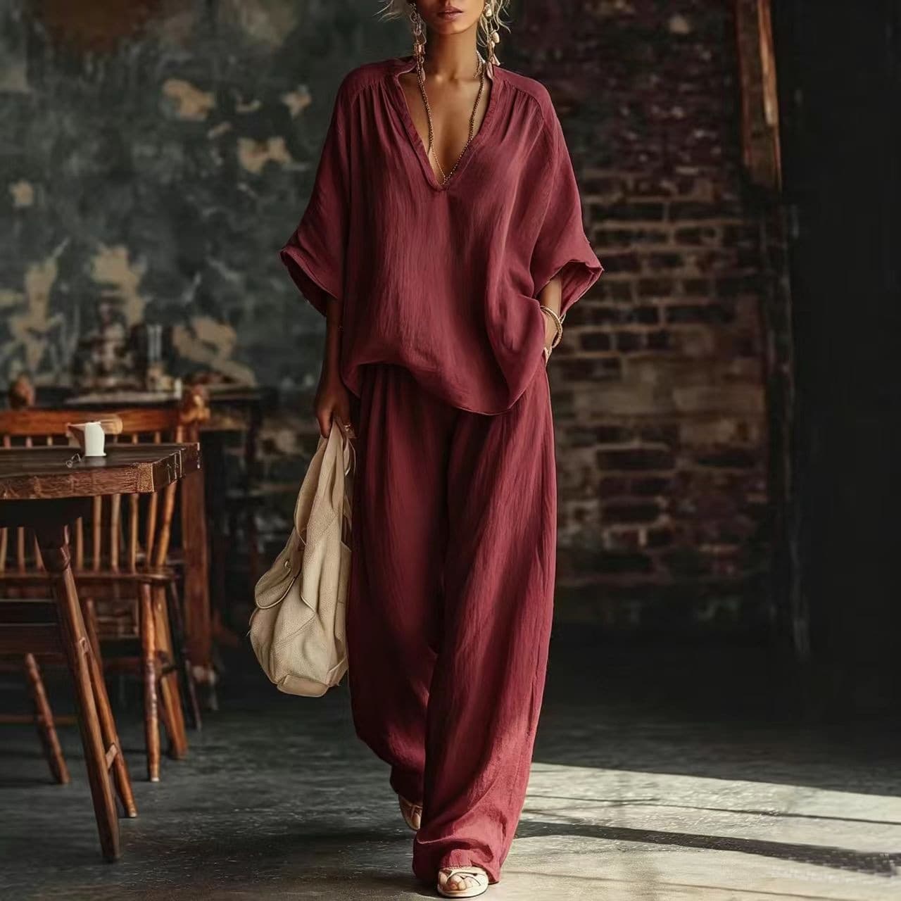 2026欧美跨境女装时尚休闲纯色V领宽松短袖休闲长裤两件套装女装 7