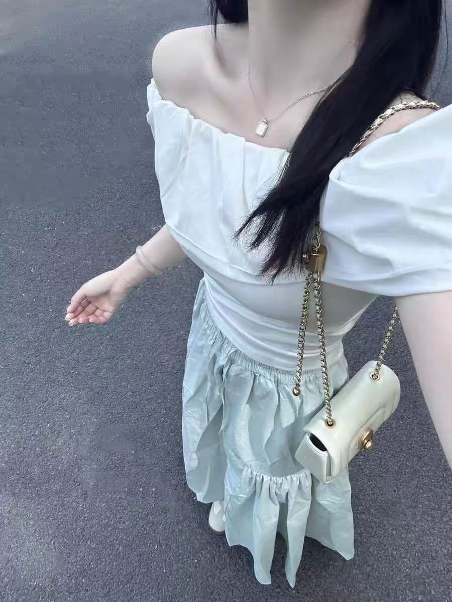 野媛韩系荷叶边性感一字肩露肩短袖T恤女设计感漏肩斜肩纯棉上衣 4