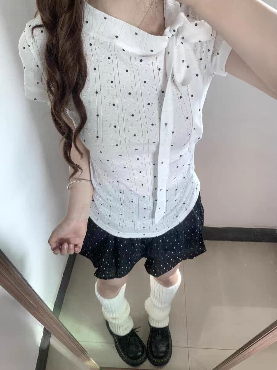 波点短袖t恤女夏季正肩修身显瘦蝴蝶结绑带辣妹上衣洋气百搭气质 3