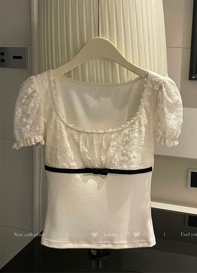 简漫妮 法式蕾丝泡泡袖短袖t恤女士夏季辣妹纯欲修身显瘦方领上衣 2