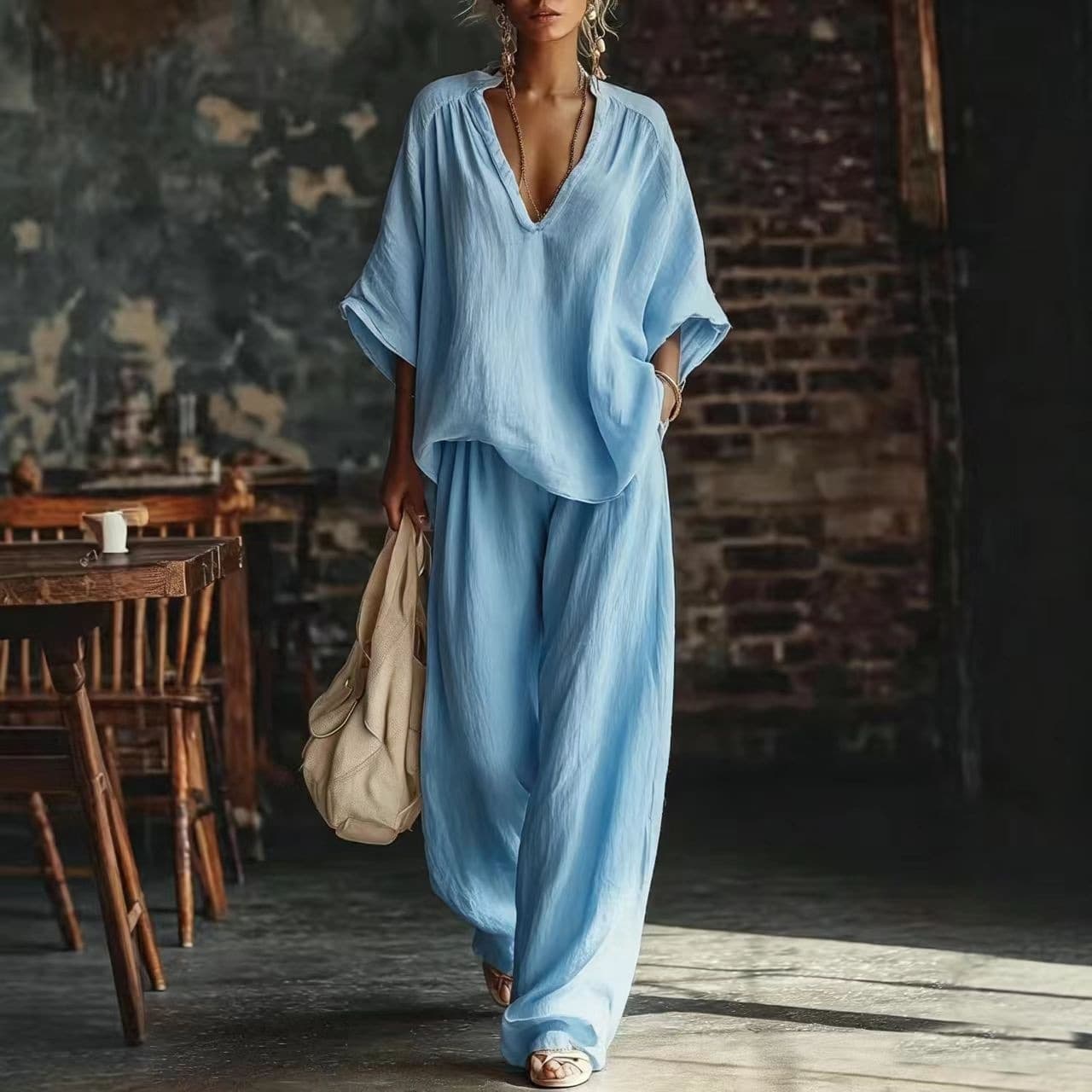 2026欧美跨境女装时尚休闲纯色V领宽松短袖休闲长裤两件套装女装 8