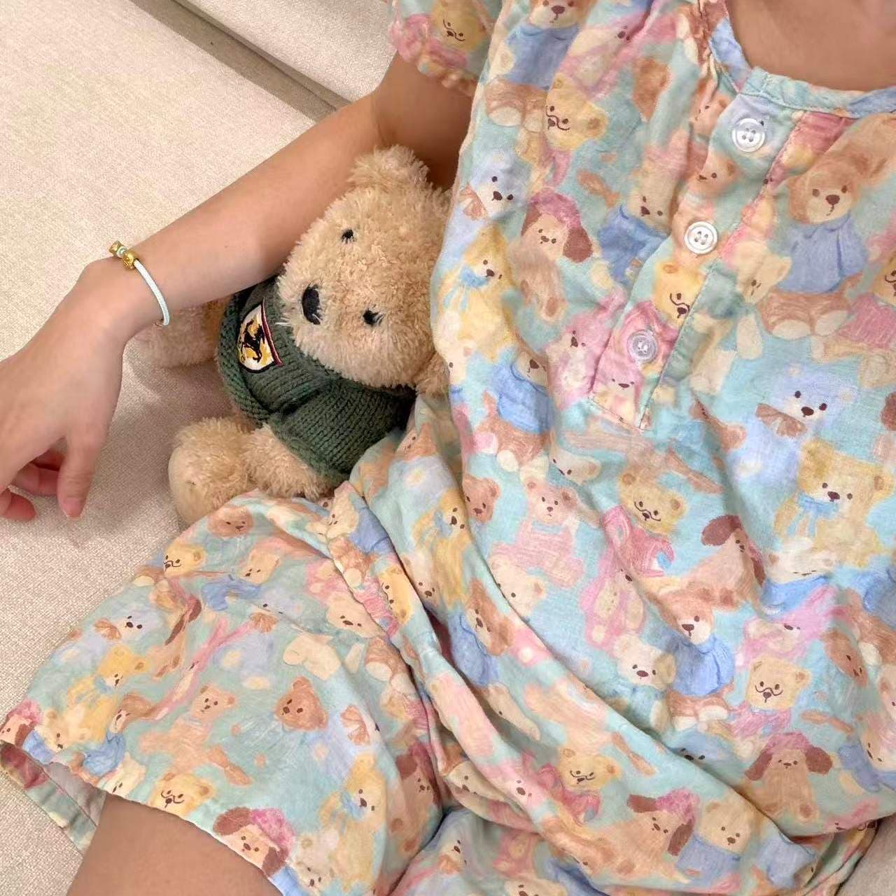 圆领短袖短裤A类全棉双层纱套头睡衣套装家居服纯棉纱布亲肤透气 2