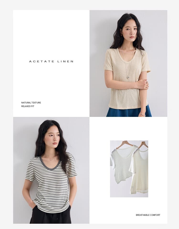 天丝醋酸U领短袖2026春夏新款亚麻显瘦T恤基础款百搭凉感上衣女 7