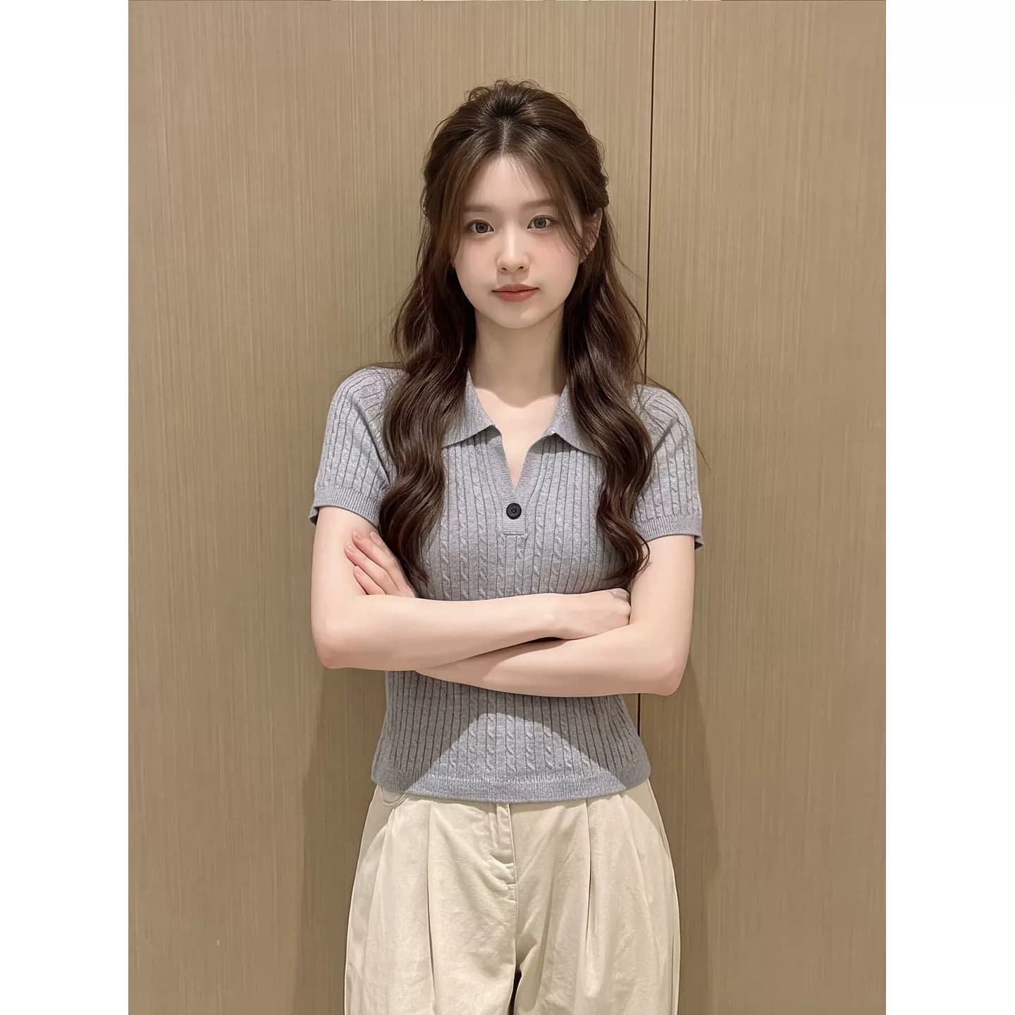 灰色Polo领绞花针织短袖T恤女夏季半开襟修身复古短款学院风上衣 9