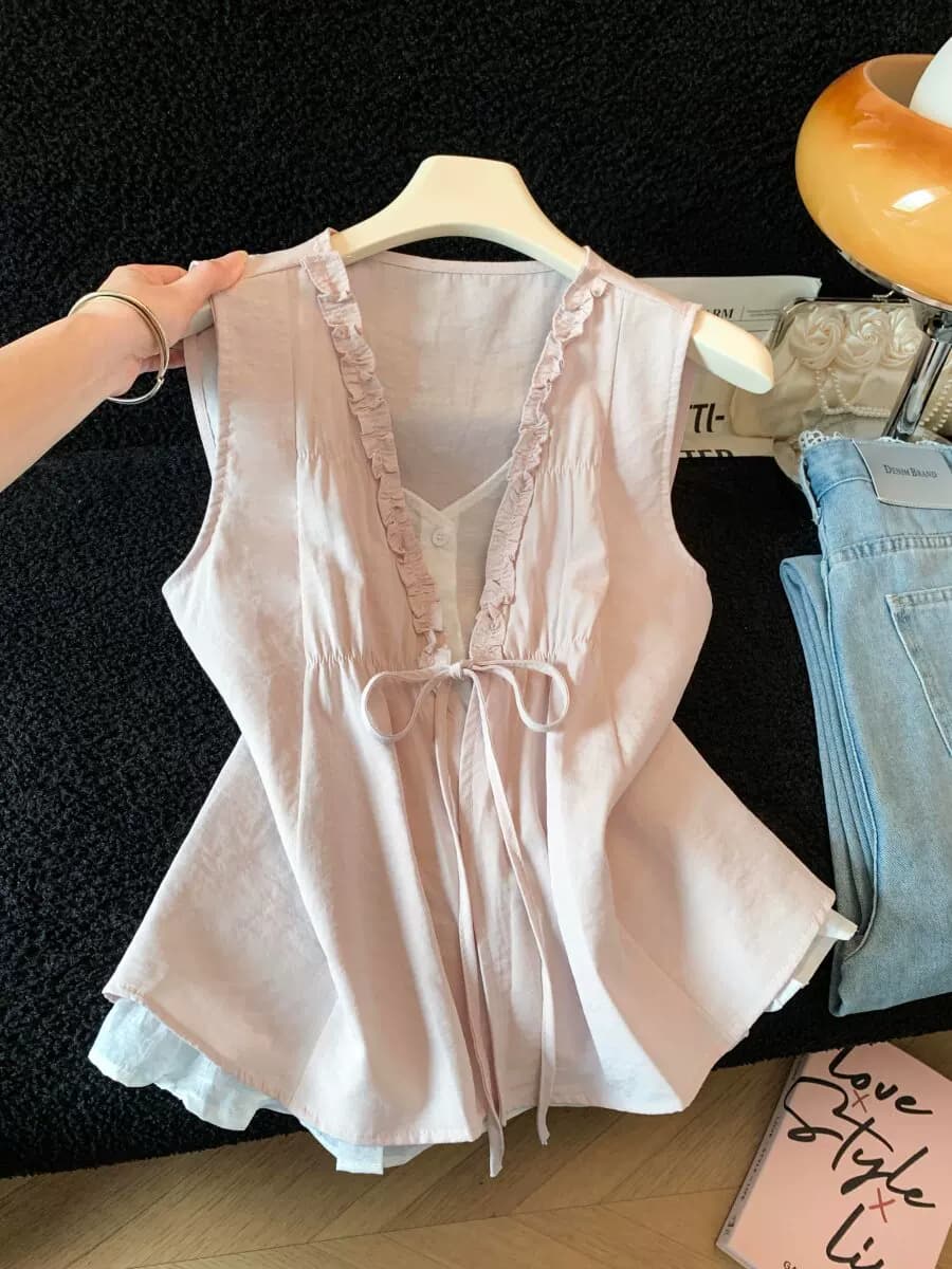 法式小资花边v领背心衬衫女夏季设计感小众无袖遮肉宽松白色上衣 15