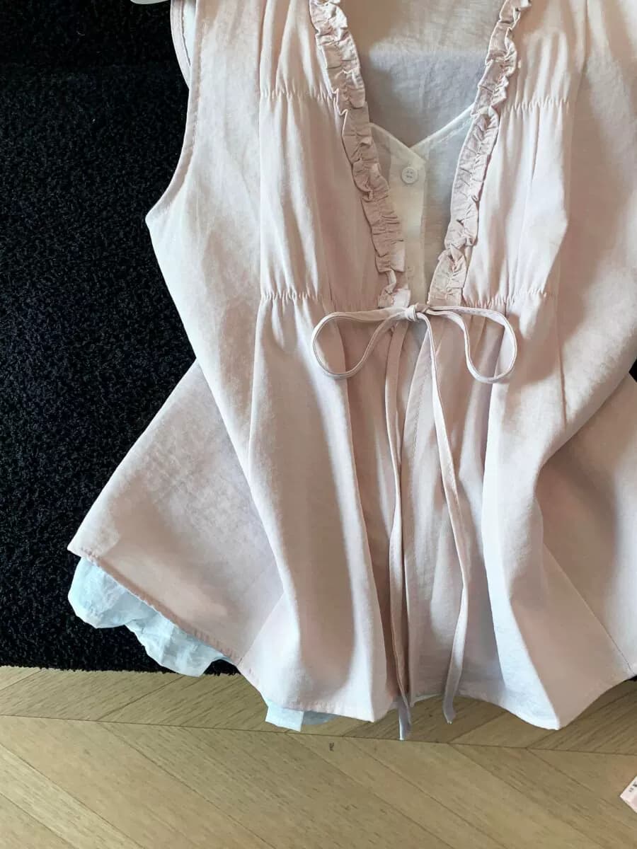 法式小资花边v领背心衬衫女夏季设计感小众无袖遮肉宽松白色上衣 13