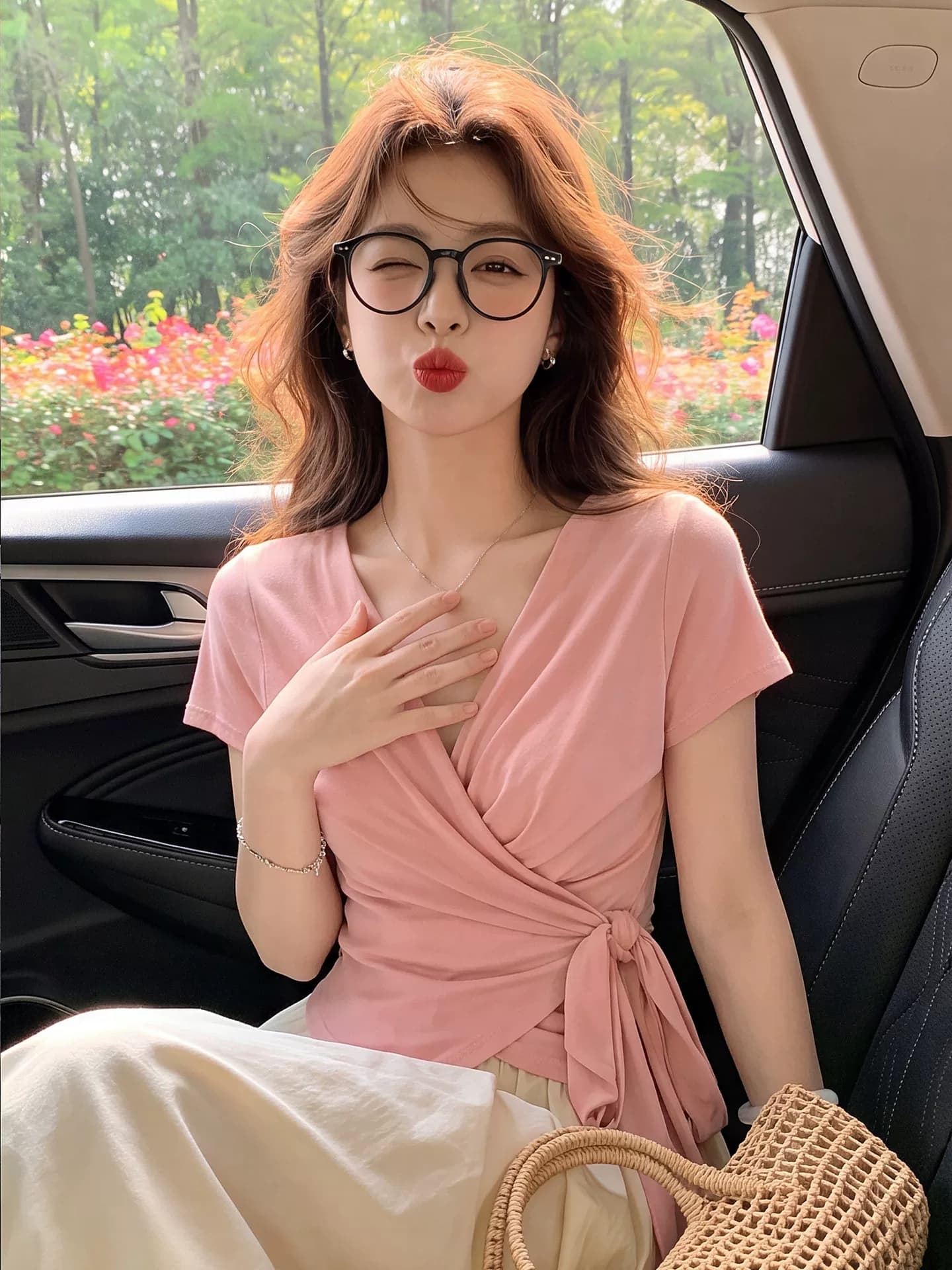 豆沙粉交叉V领围裹绑带短袖T恤女夏季收腰褶皱修身纯欲短款小上衣 2