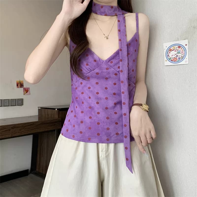 橘黄波点V领围脖吊带背心女夏季多巴胺修身短款纯欲无袖甜辣上衣 20