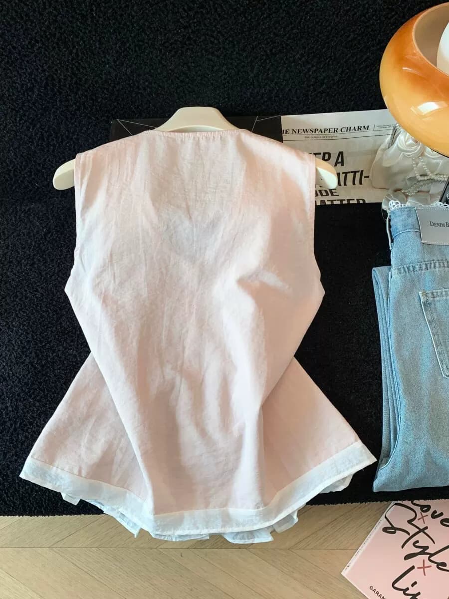 法式小资花边v领背心衬衫女夏季设计感小众无袖遮肉宽松白色上衣 16