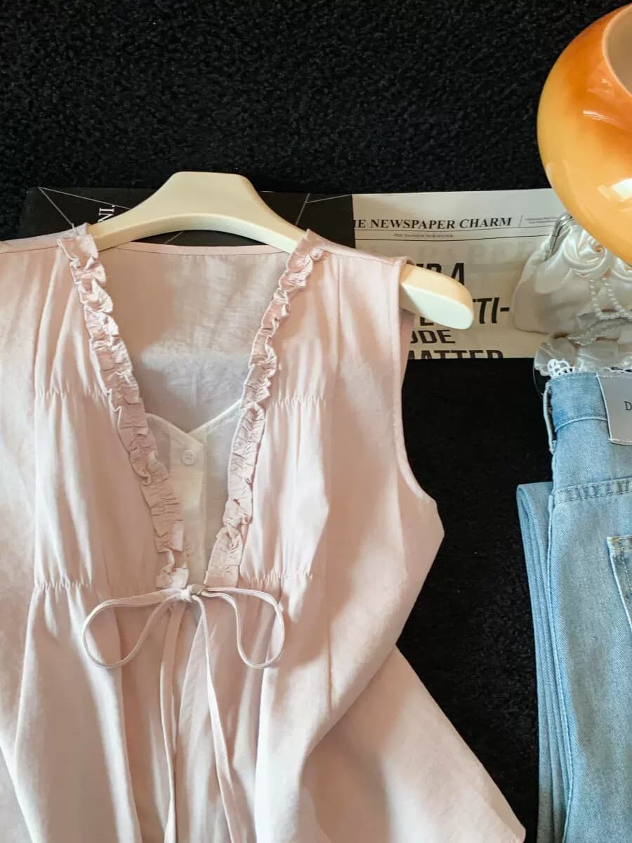 法式小资花边v领背心衬衫女夏季设计感小众无袖遮肉宽松白色上衣 12
